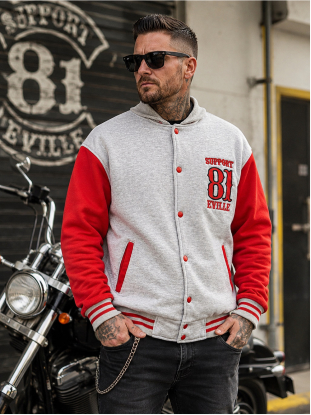 E-Ville Empire Jacket Men S Varsity Support 81 Skull Biker Club Style Grey Red